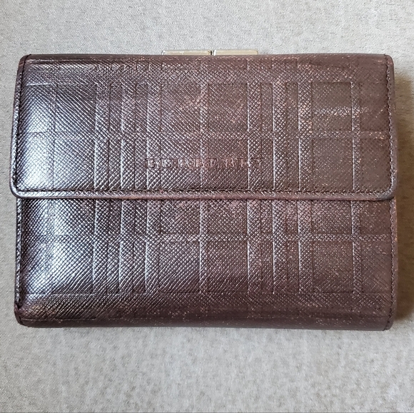 Burberry Tri-fold Wallet Dark Brown Leather Embossed Check With Kiss Lock - Picture 1 of 12